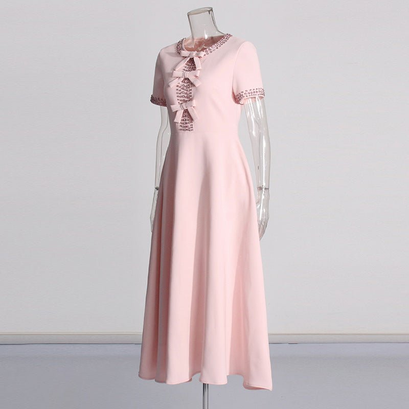 Heavy Industry Round Neck Rhinestone Bow High Waist Dress - IVOIRART.COM