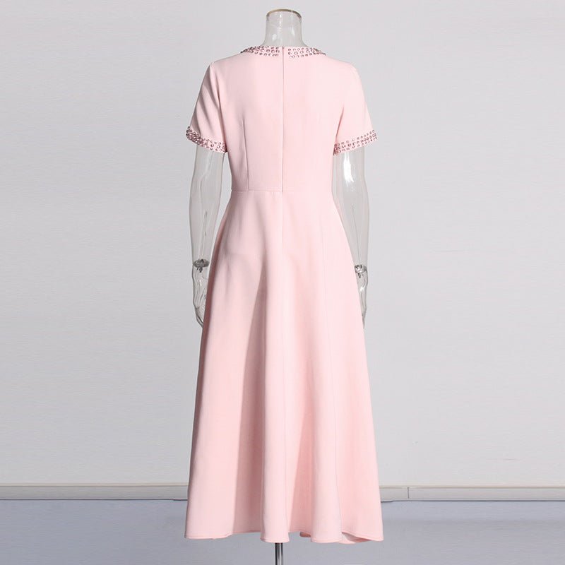 Heavy Industry Round Neck Rhinestone Bow High Waist Dress - IVOIRART.COM