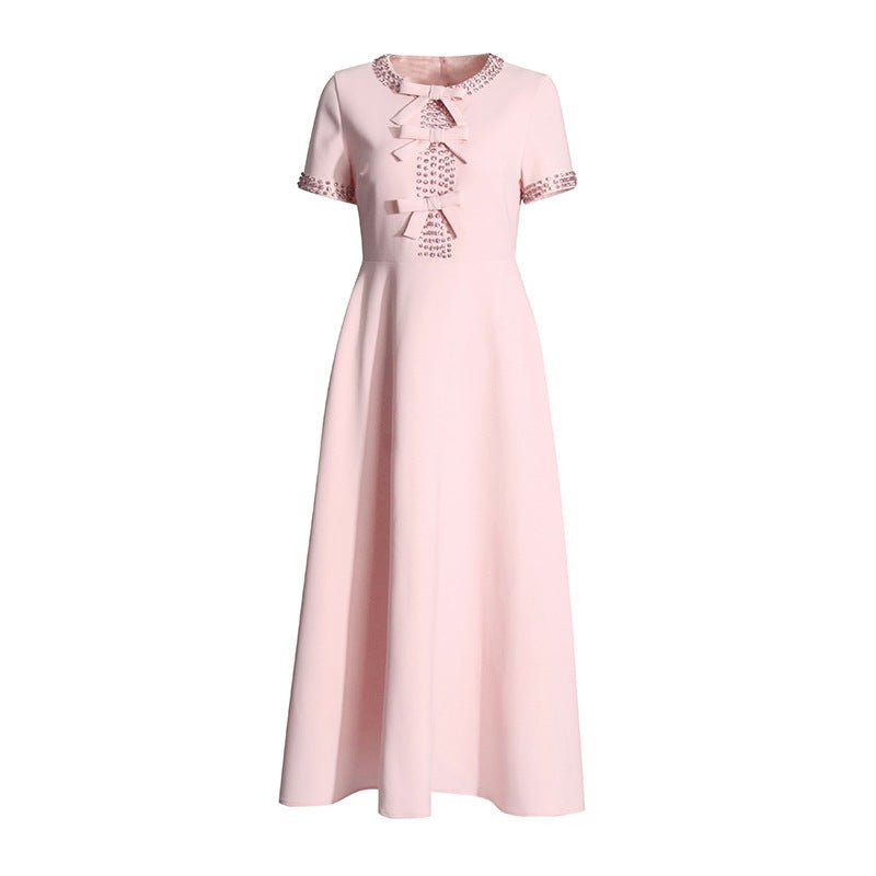 Heavy Industry Round Neck Rhinestone Bow High Waist Dress - IVOIRART.COM