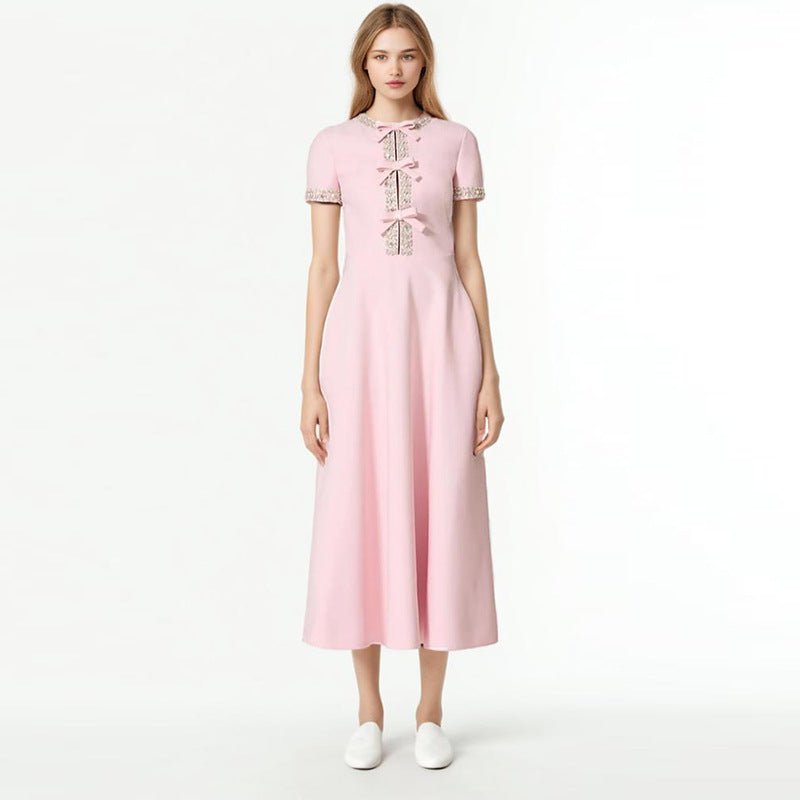 Heavy Industry Round Neck Rhinestone Bow High Waist Dress - IVOIRART.COM