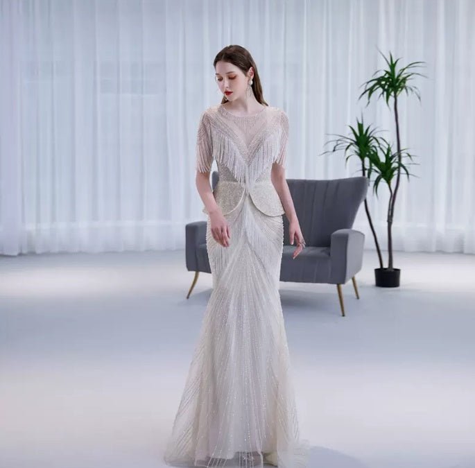 High End Luxury Tassel Fishtail Evening Dress - IVOIRART.COM