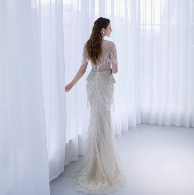 High End Luxury Tassel Fishtail Evening Dress - IVOIRART.COM