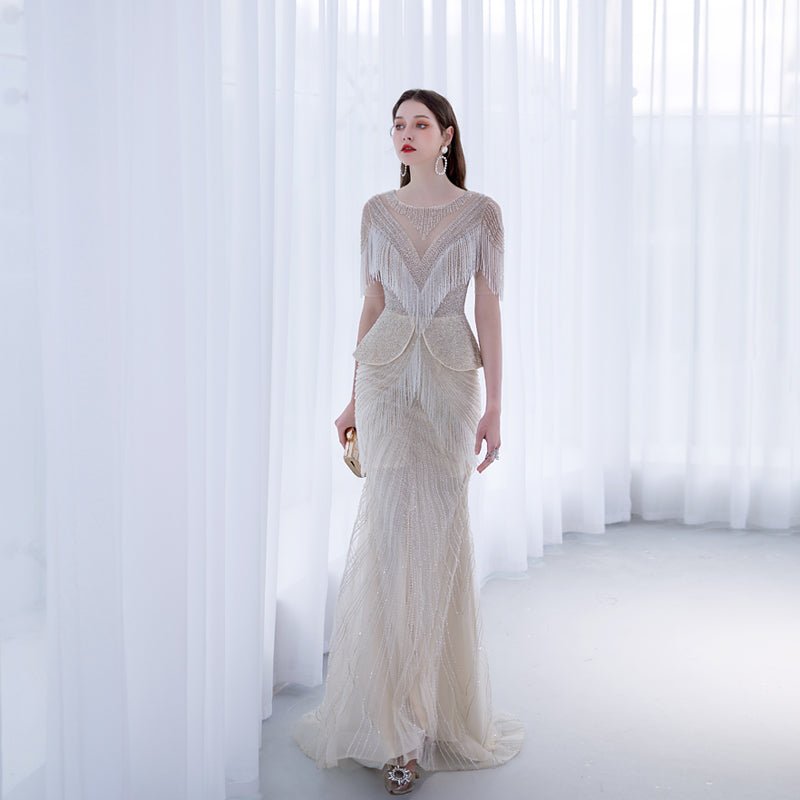 High End Luxury Tassel Fishtail Evening Dress - IVOIRART.COM