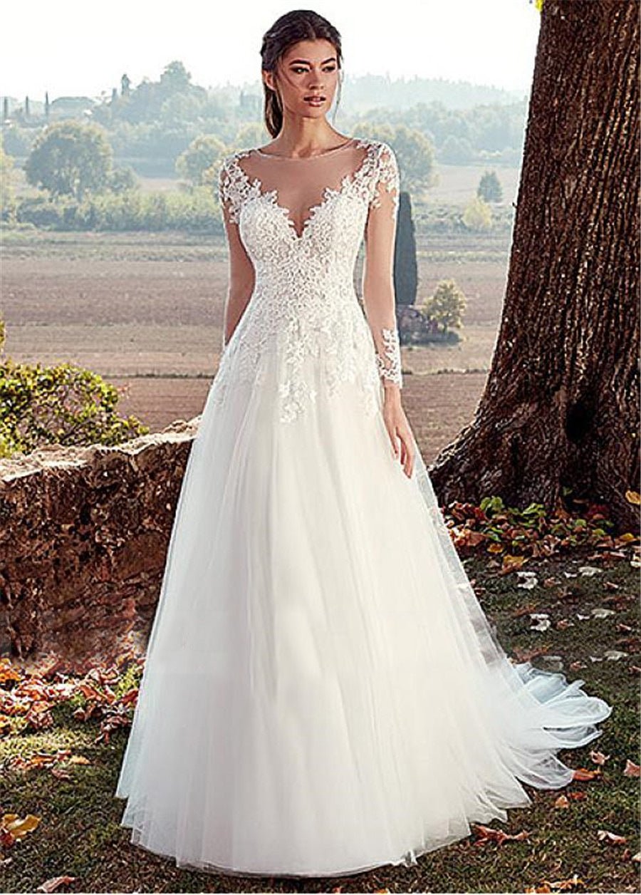 High U-neck Lace Long Sleeve A- Line Long Tail Simple Wedding Dress - IVOIRART.COM