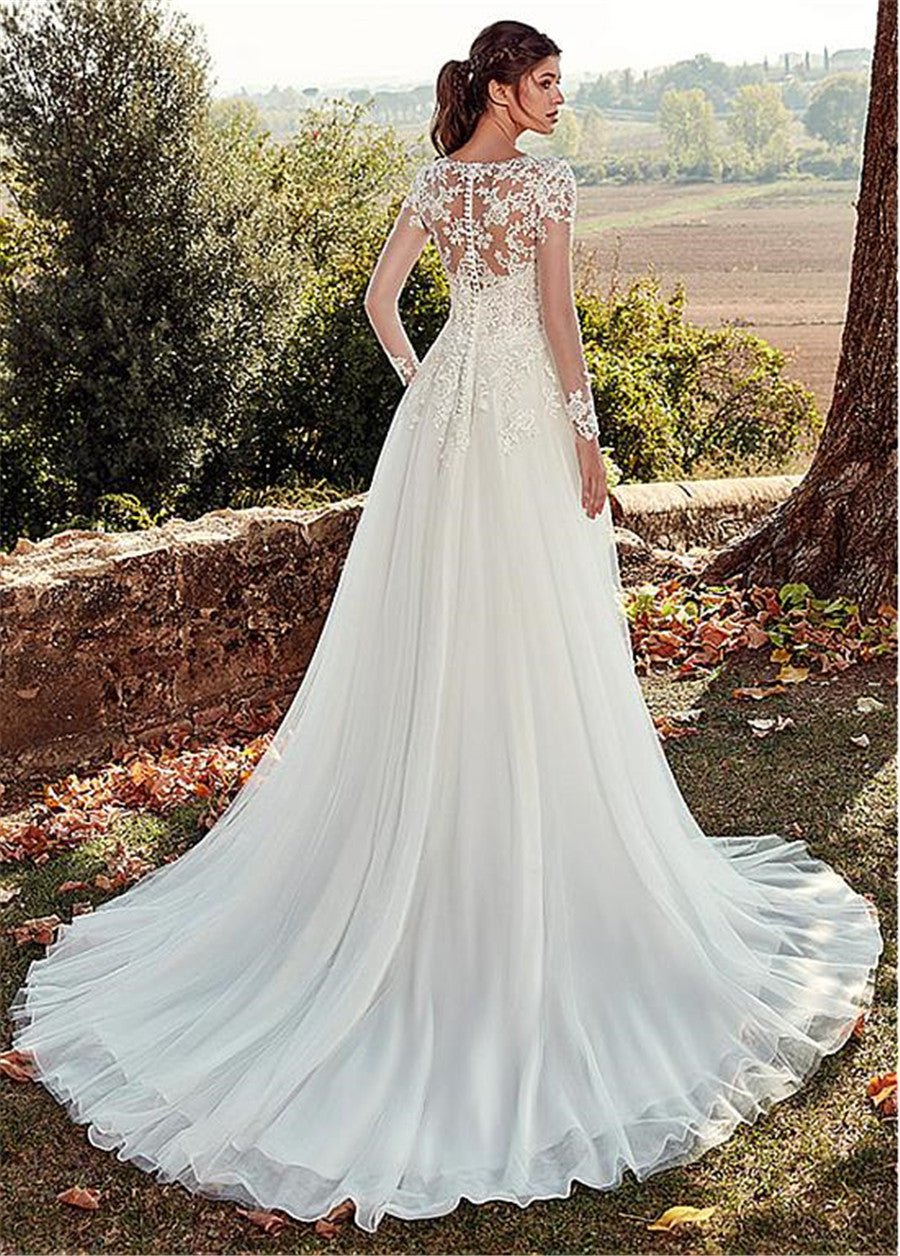 High U-neck Lace Long Sleeve A- Line Long Tail Simple Wedding Dress - IVOIRART.COM