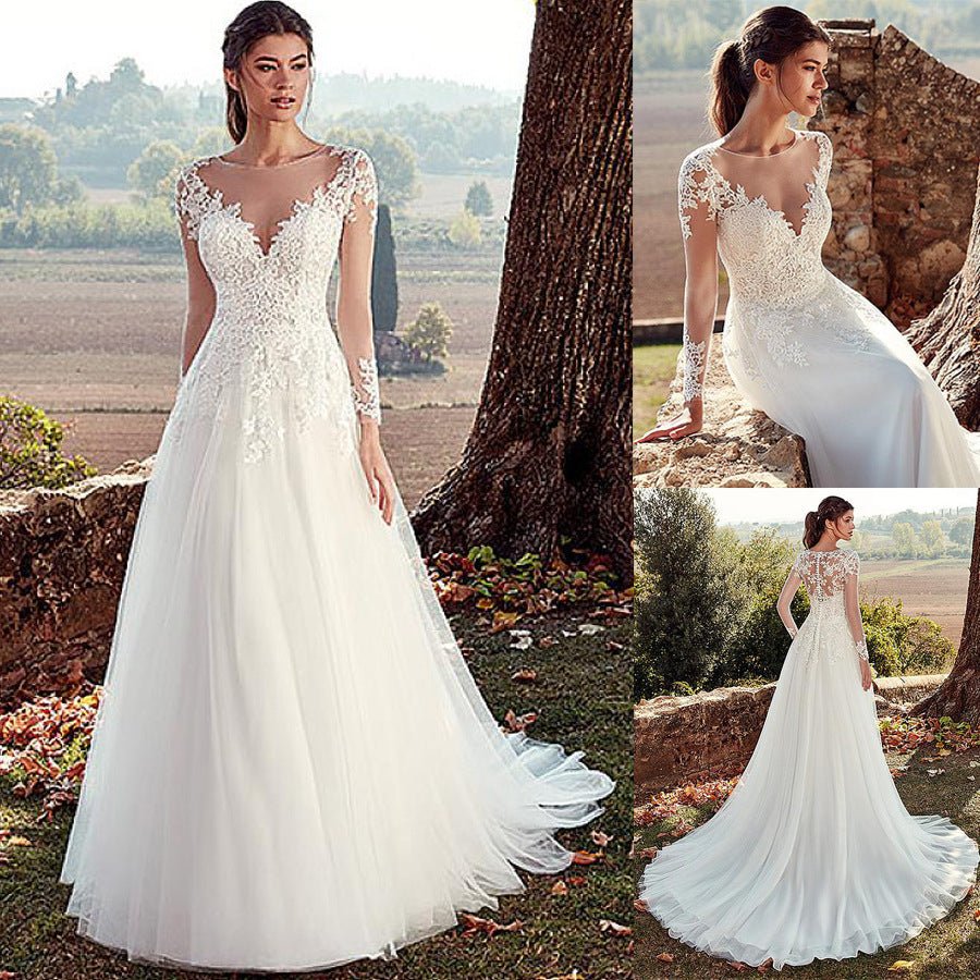 High U-neck Lace Long Sleeve A- Line Long Tail Simple Wedding Dress - IVOIRART.COM