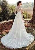 High U-neck Lace Long Sleeve A- Line Long Tail Simple Wedding Dress - IVOIRART.COM