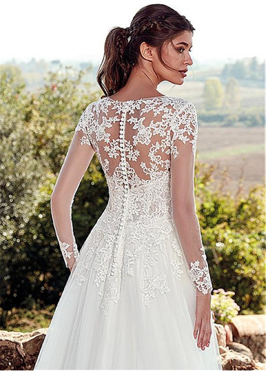 High U-neck Lace Long Sleeve A- Line Long Tail Simple Wedding Dress - IVOIRART.COM