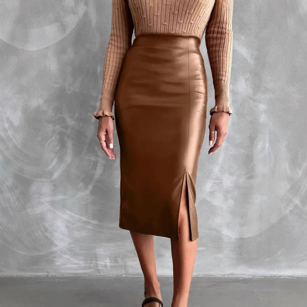 High Waist Slimming All-matching Hip Split PU Leather Skirt - IVOIRART.COM