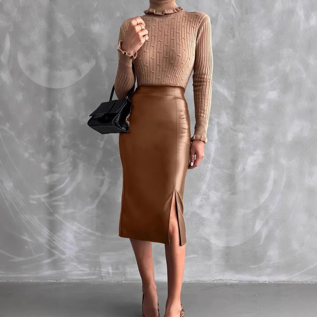High Waist Slimming All-matching Hip Split PU Leather Skirt - IVOIRART.COM