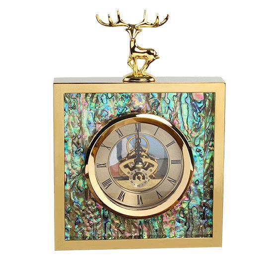 Horloge décorative carré métal doré tête de cerf nacre - support et pendule chic - IVOIRART.COM