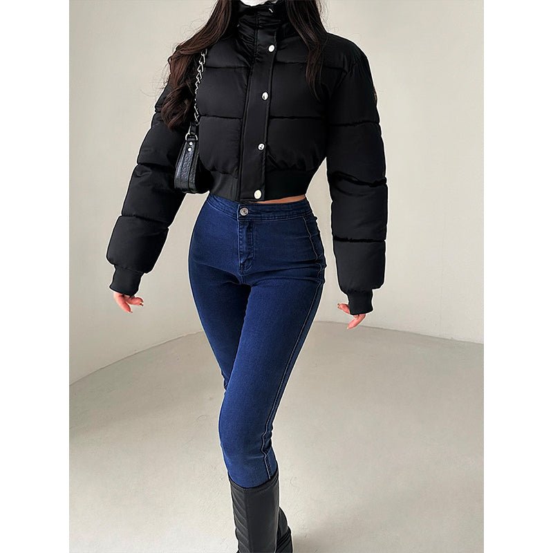 Hot Girl Fashionable Stand Collar Zipper Elastic And Waisted Warm Quilted Jacket Short Cotton Coat Women - IVOIRART.COM