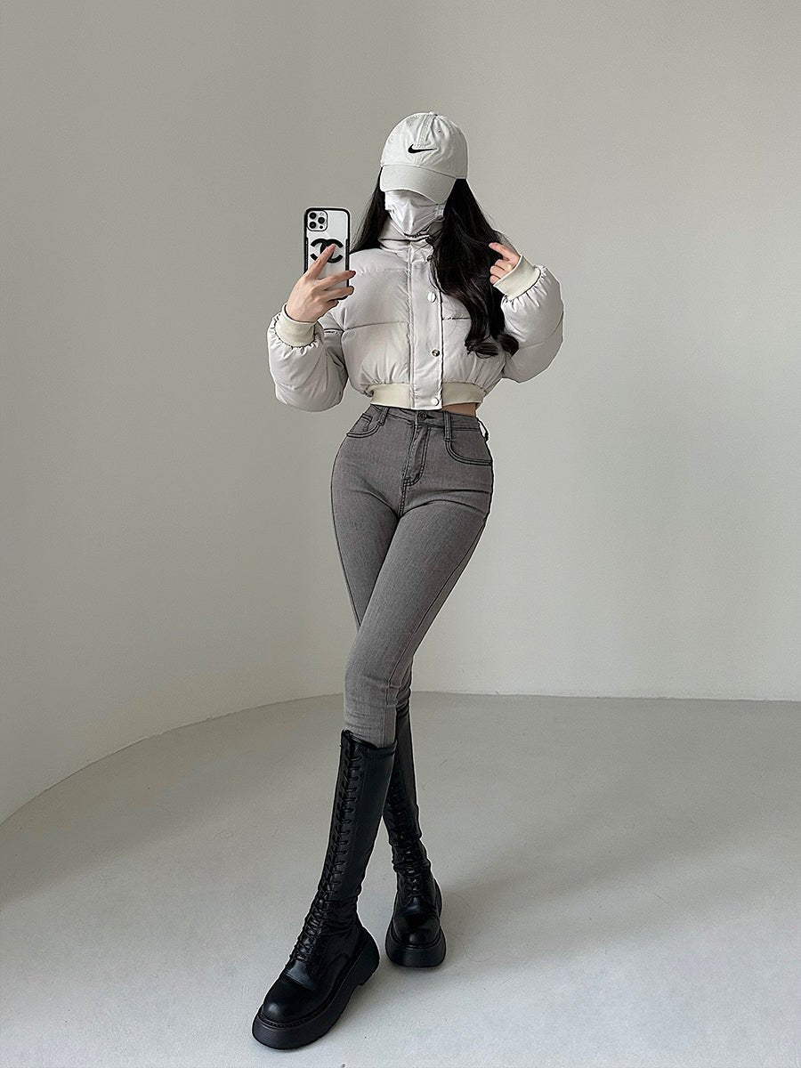 Hot Girl Fashionable Stand Collar Zipper Elastic And Waisted Warm Quilted Jacket Short Cotton Coat Women - IVOIRART.COM