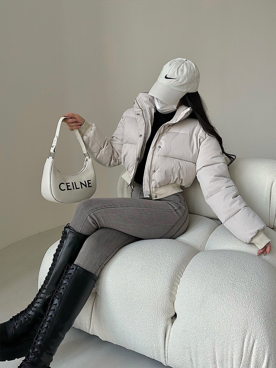 Hot Girl Fashionable Stand Collar Zipper Elastic And Waisted Warm Quilted Jacket Short Cotton Coat Women - IVOIRART.COM