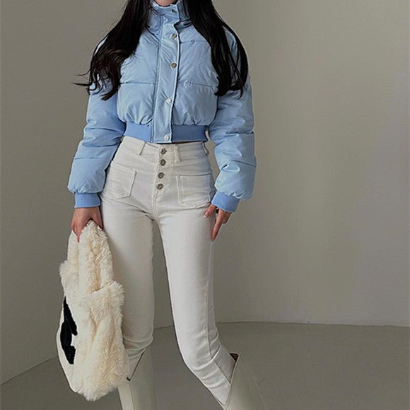 Hot Girl Fashionable Stand Collar Zipper Elastic And Waisted Warm Quilted Jacket Short Cotton Coat Women - IVOIRART.COM