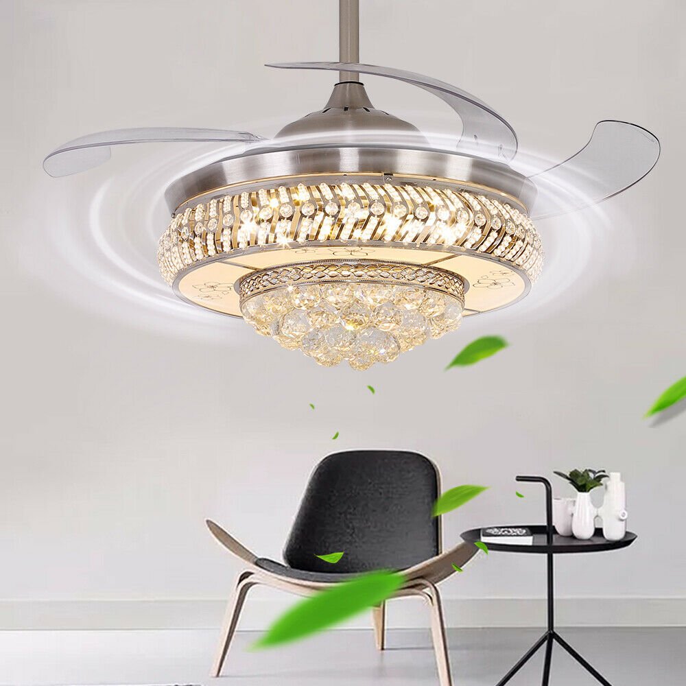 Invisible Retractable Ceiling Fan with Crystal Shade and Frequency Motor Controls - IVOIRART.COM