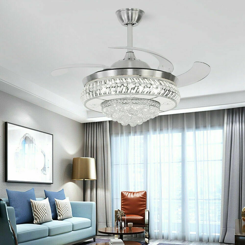 Invisible Retractable Ceiling Fan with Crystal Shade and Frequency Motor Controls - IVOIRART.COM