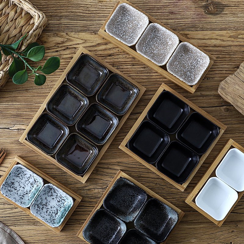 Japan Style Ceramic Fruits Plates with Bamboo Serving Tray - IVOIRART.COM