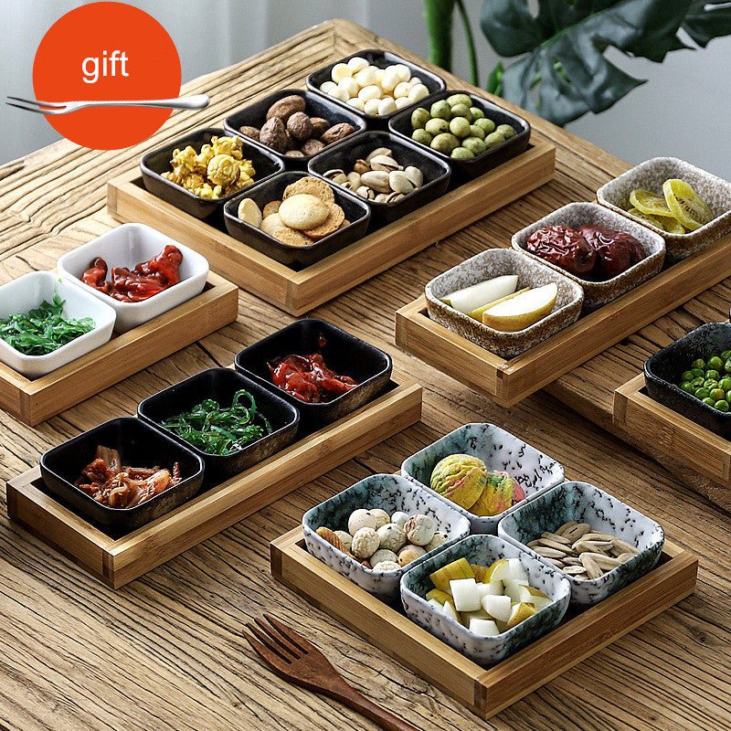 Japan Style Ceramic Fruits Plates with Bamboo Serving Tray - IVOIRART.COM