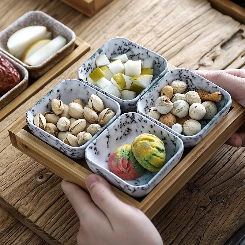 Japan Style Ceramic Fruits Plates with Bamboo Serving Tray - IVOIRART.COM