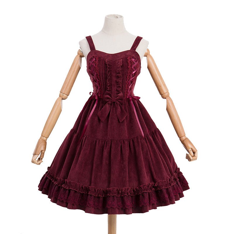 Jupe à bretelles en velours côtelé taille haute coupe slim style Lolita brodée. - IVOIRART.COM