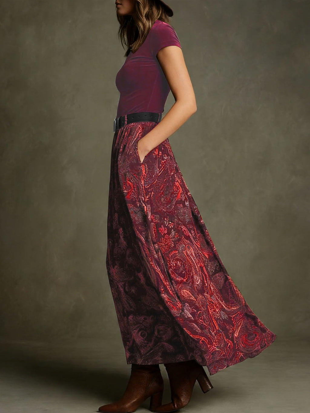 Jupe longue taille haute à imprimé cachemire bohème avec poches et taille élastique - IVOIRART.COM