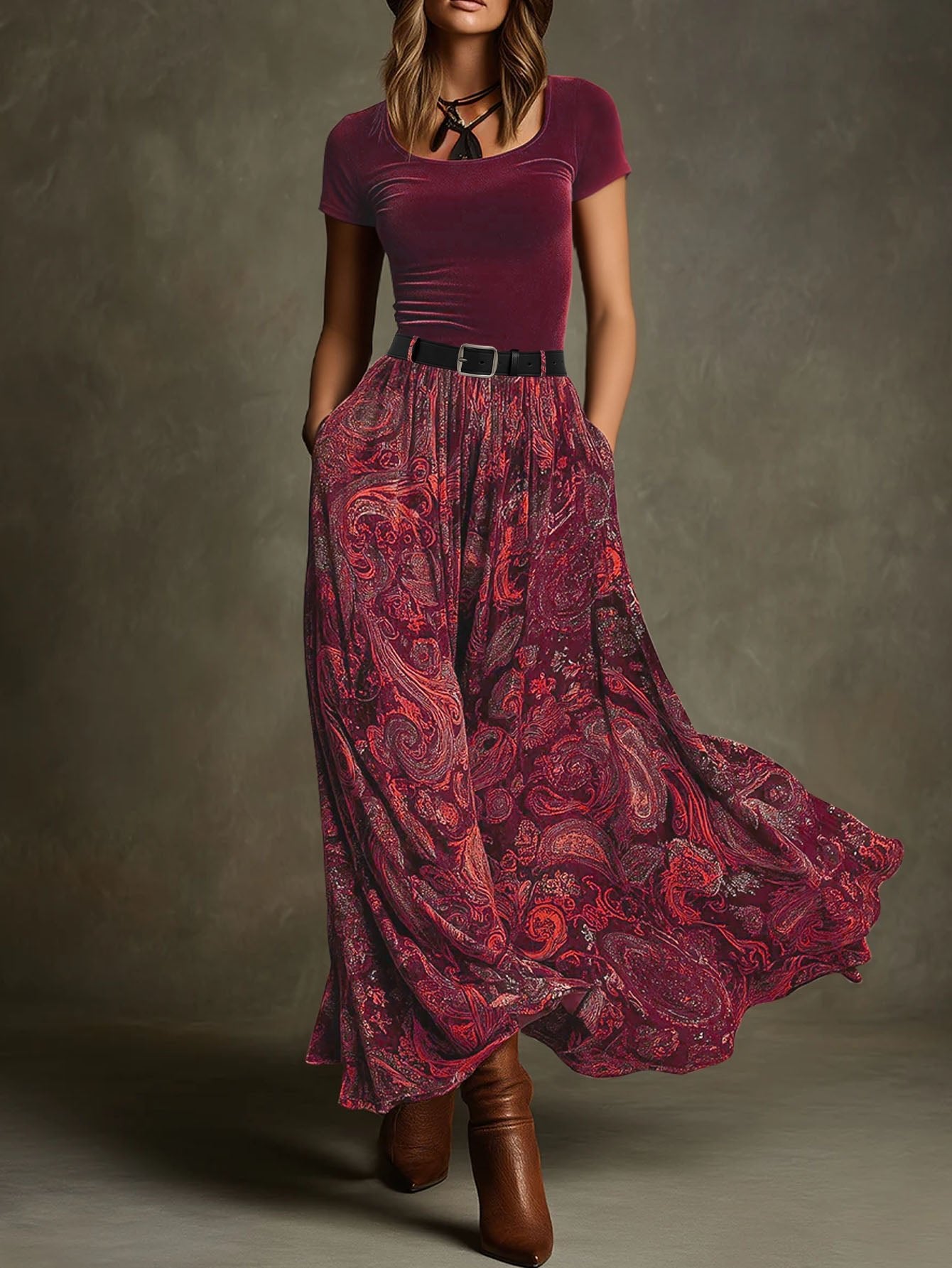 Jupe longue taille haute à imprimé cachemire bohème avec poches et taille élastique - IVOIRART.COM