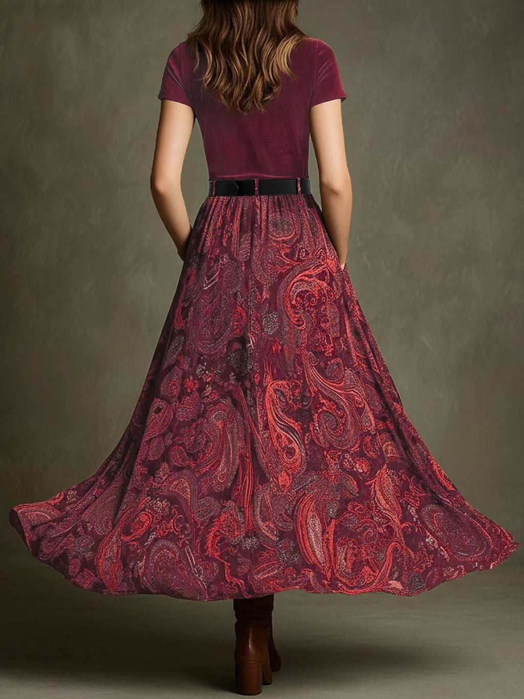 Jupe longue taille haute à imprimé cachemire bohème avec poches et taille élastique - IVOIRART.COM