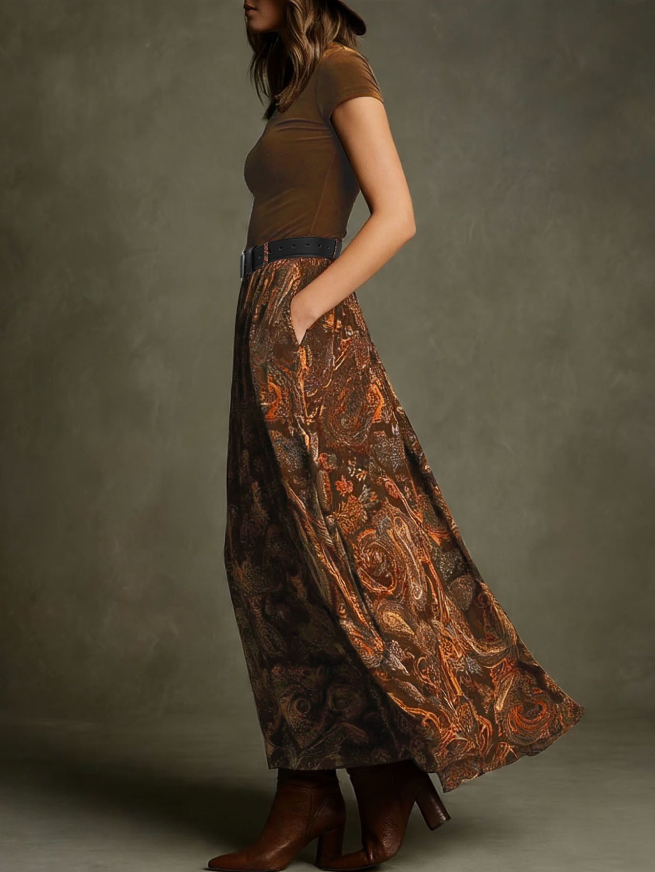 Jupe longue taille haute à imprimé cachemire bohème avec poches et taille élastique - IVOIRART.COM