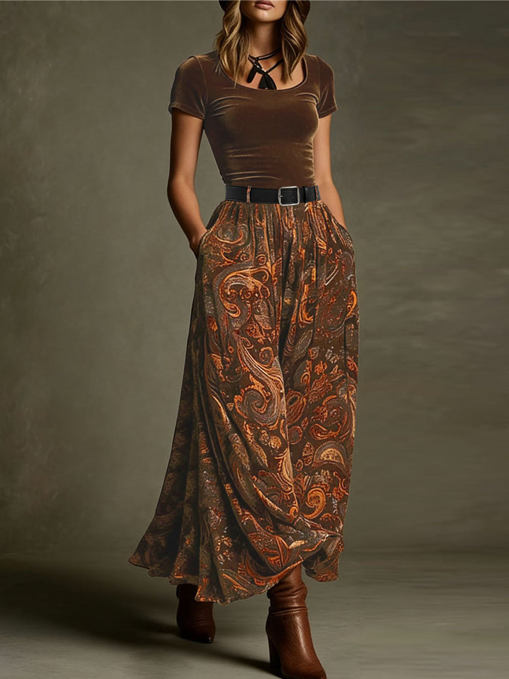 Jupe longue taille haute à imprimé cachemire bohème avec poches et taille élastique - IVOIRART.COM