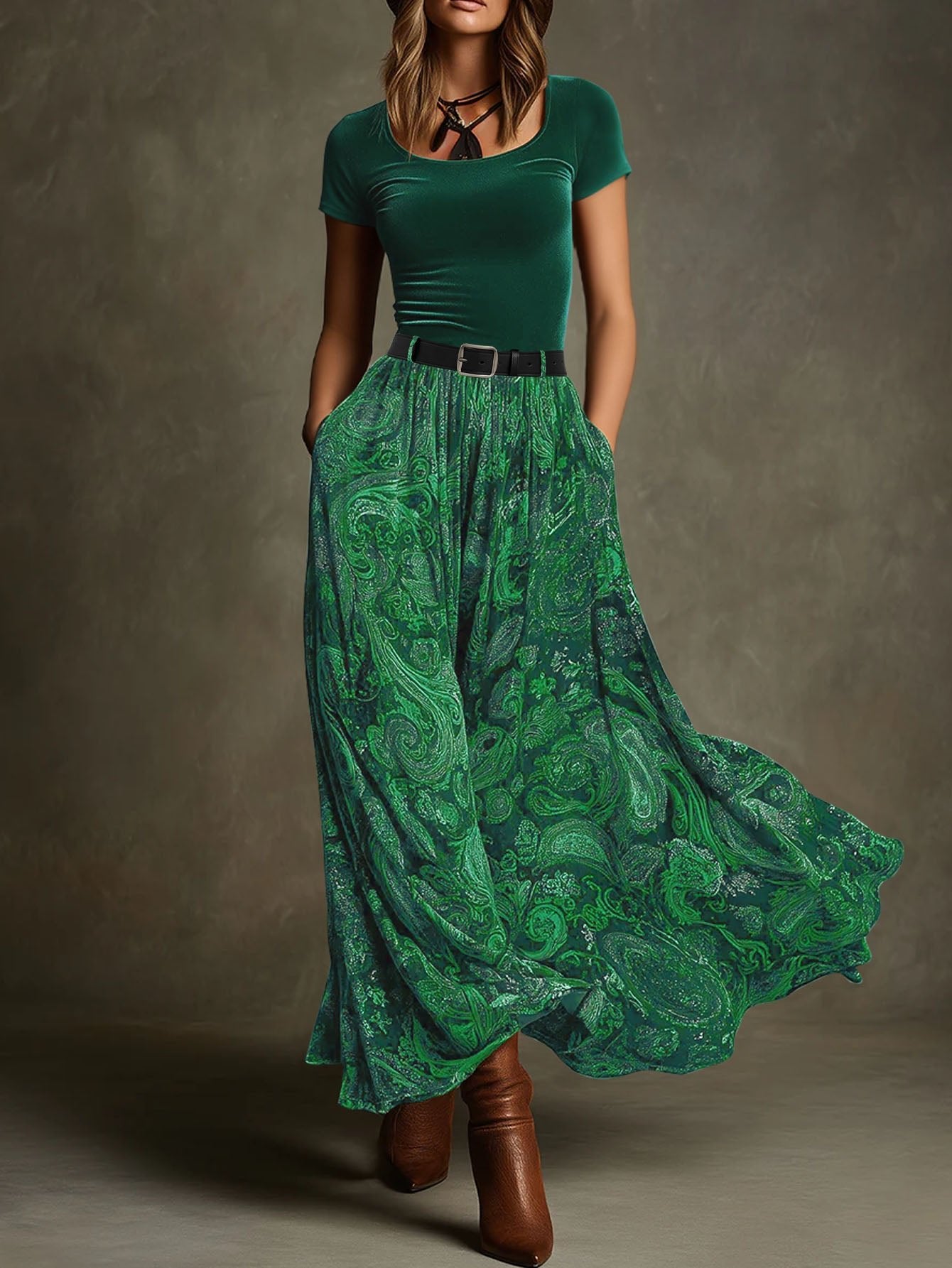 Jupe longue taille haute à imprimé cachemire bohème avec poches et taille élastique - IVOIRART.COM
