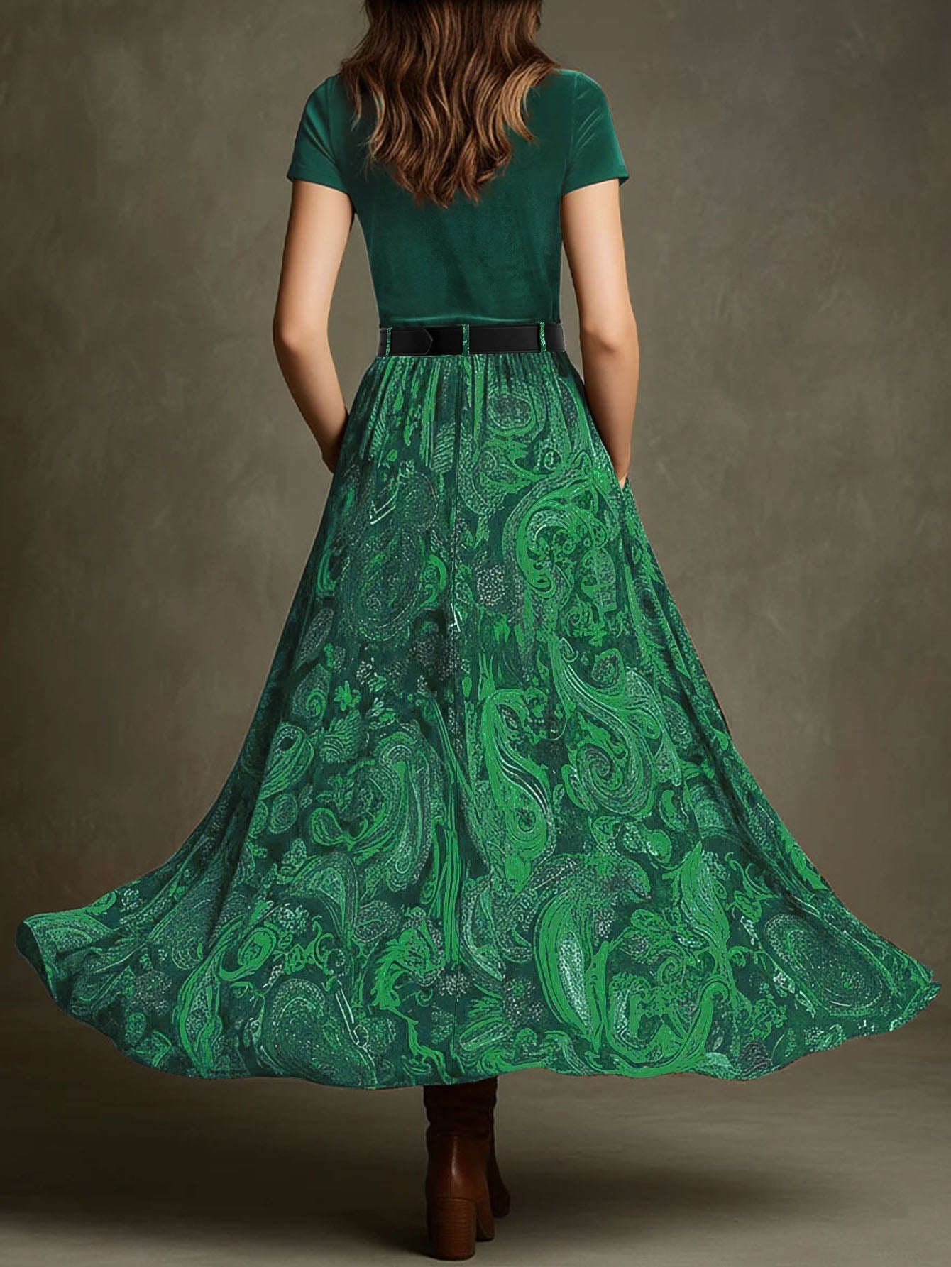 Jupe longue taille haute à imprimé cachemire bohème avec poches et taille élastique - IVOIRART.COM