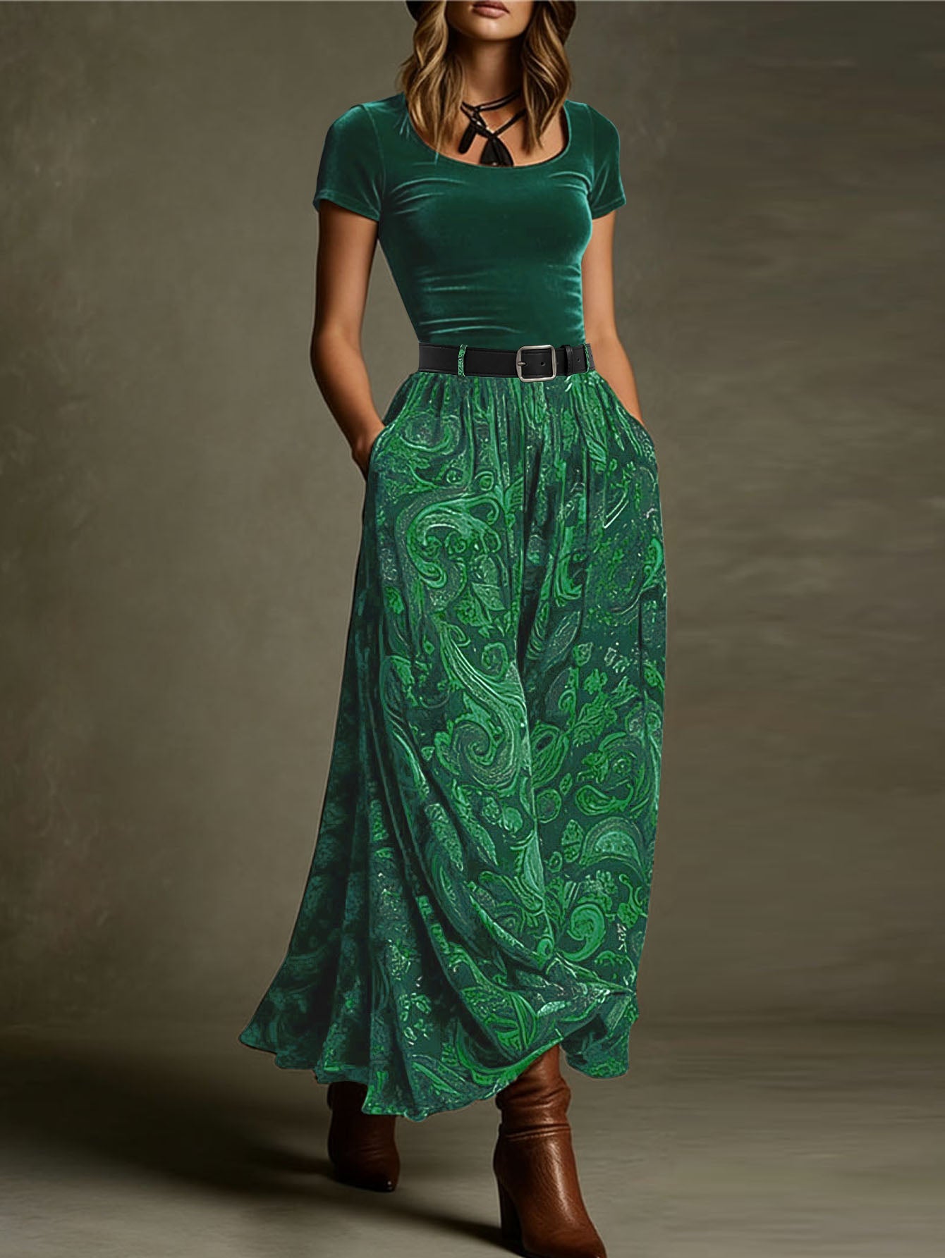 Jupe longue taille haute à imprimé cachemire bohème avec poches et taille élastique - IVOIRART.COM