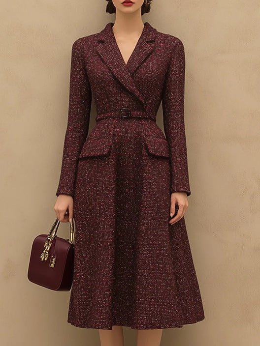 Jupe rétro élégante en tweed rouge avec encolure à revers — style tailleur chic! - IVOIRART.COM