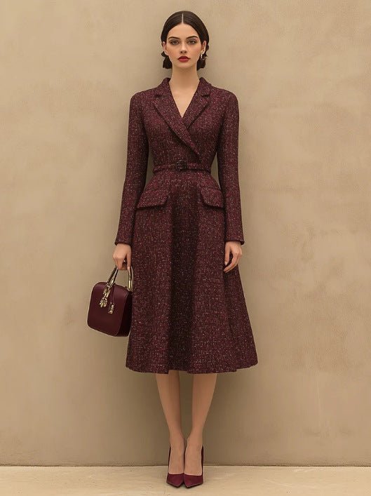 Jupe rétro élégante en tweed rouge avec encolure à revers — style tailleur chic! - IVOIRART.COM