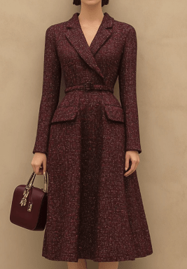 Jupe rétro élégante en tweed rouge avec encolure à revers — style tailleur chic! - IVOIRART.COM