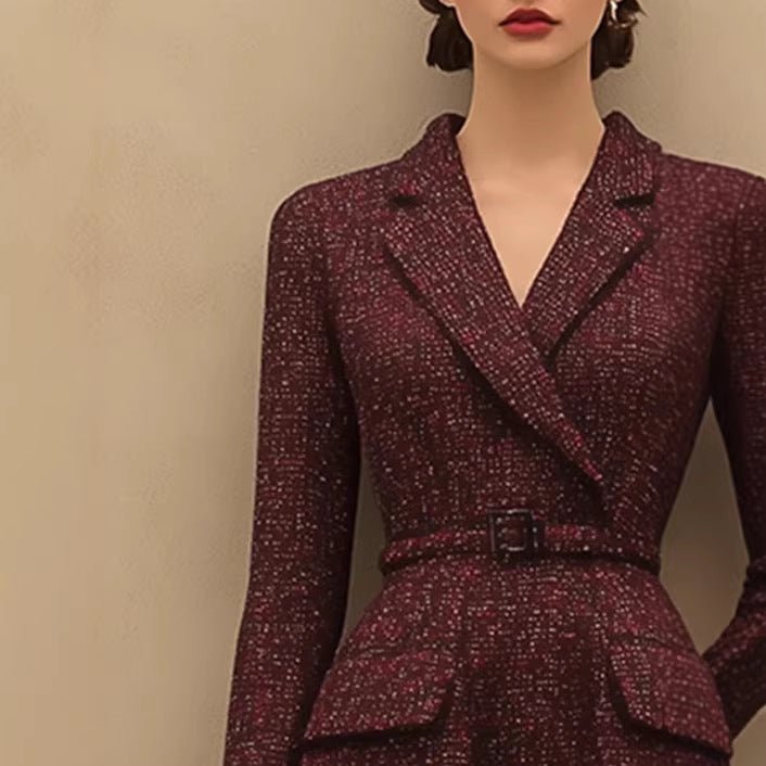 Jupe rétro élégante en tweed rouge avec encolure à revers — style tailleur chic! - IVOIRART.COM