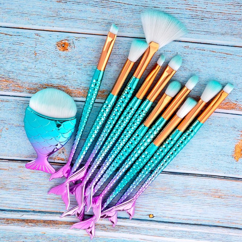 Kit de 11 pinceaux de maquillage sirène pour fond de teint, sourcils, eyeliner - IVOIRART.COM