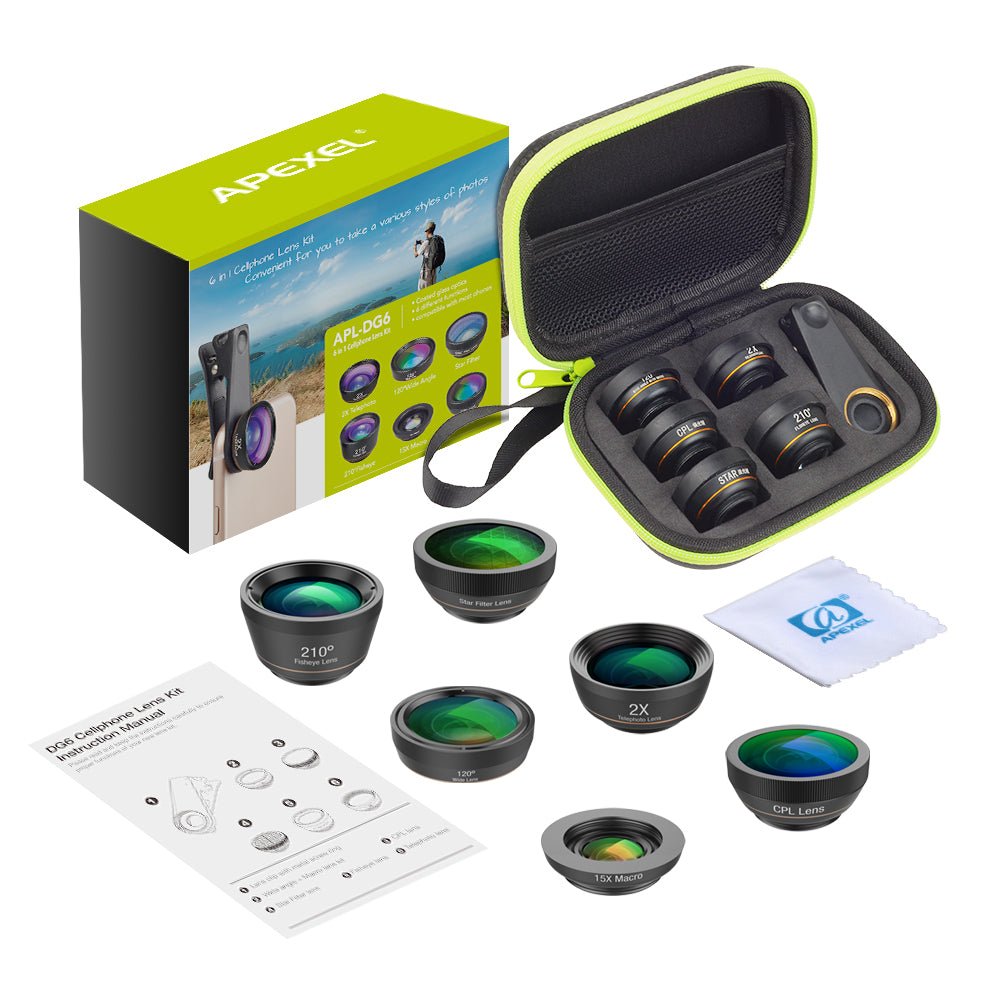 Kit d’objectifs universels 6 en 1 pour smartphone avec fisheye, macro, grand angle, 2x téléobjectif, CPL et filtre étoile - IVOIRART.COM