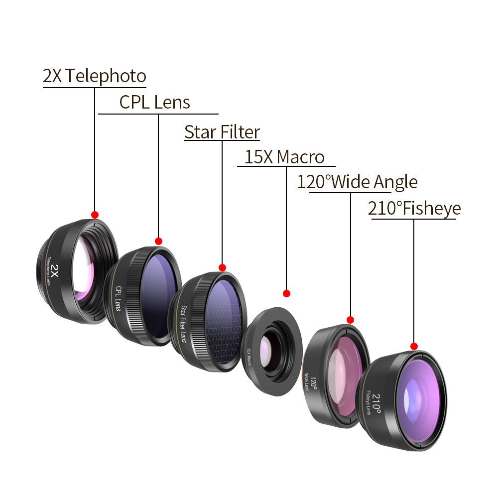 Kit d’objectifs universels 6 en 1 pour smartphone avec fisheye, macro, grand angle, 2x téléobjectif, CPL et filtre étoile - IVOIRART.COM