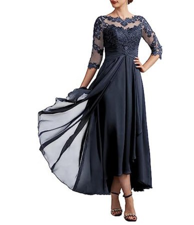 Lace Applique Chiffon Dress Mid-sleeve Mom Dress - IVOIRART.COM