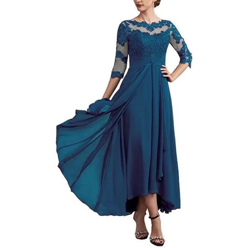 Lace Applique Chiffon Dress Mid-sleeve Mom Dress - IVOIRART.COM