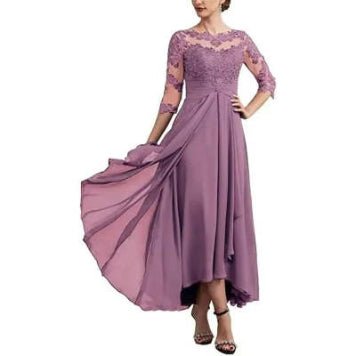 Lace Applique Chiffon Dress Mid-sleeve Mom Dress - IVOIRART.COM