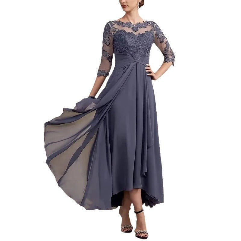 Lace Applique Chiffon Dress Mid-sleeve Mom Dress - IVOIRART.COM