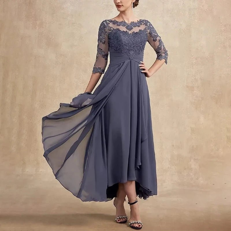 Lace Applique Chiffon Dress Mid-sleeve Mom Dress - IVOIRART.COM
