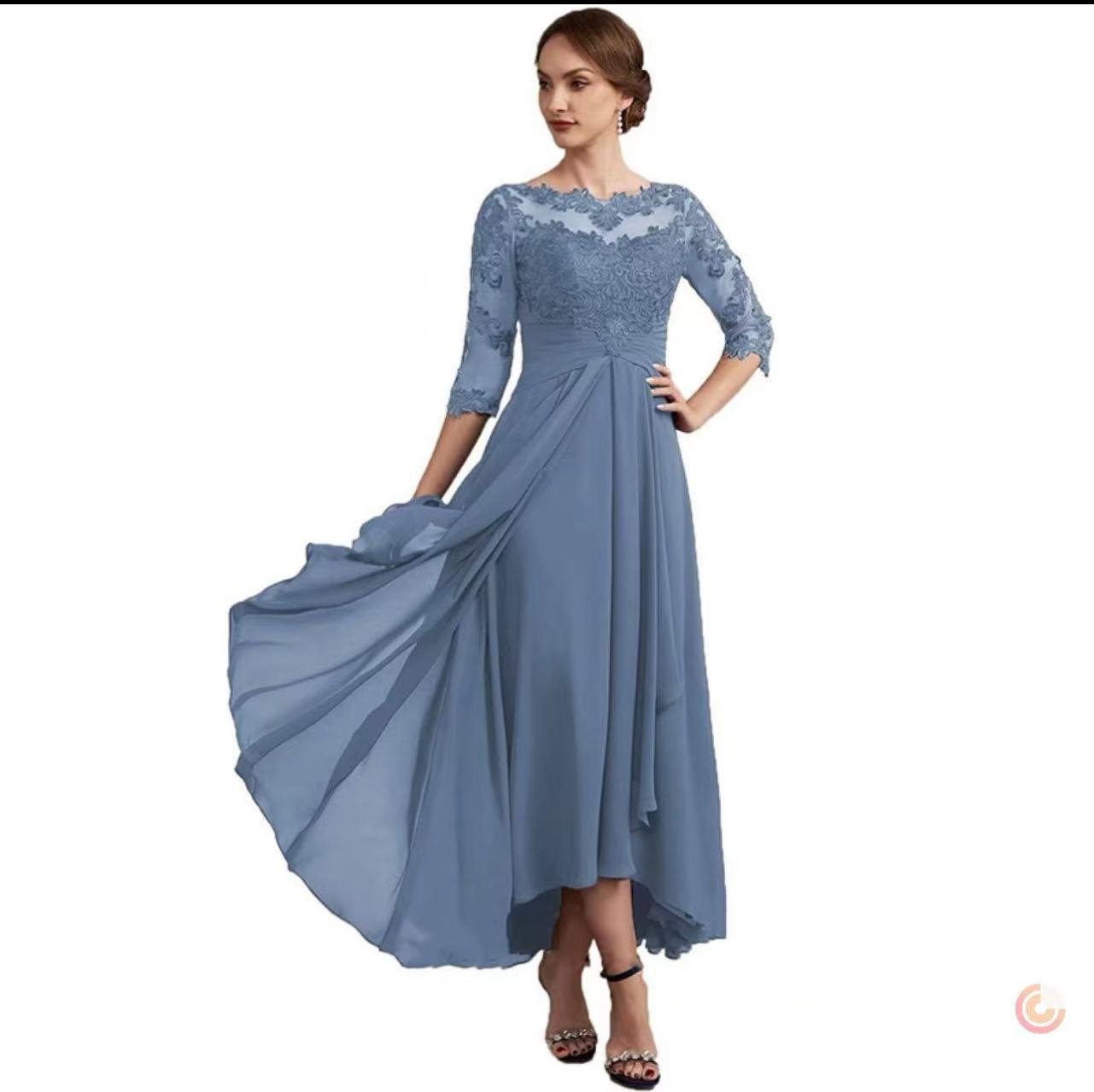 Lace Applique Chiffon Dress Mid-sleeve Mom Dress - IVOIRART.COM
