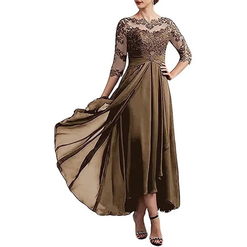 Lace Applique Chiffon Dress Mid-sleeve Mom Dress - IVOIRART.COM