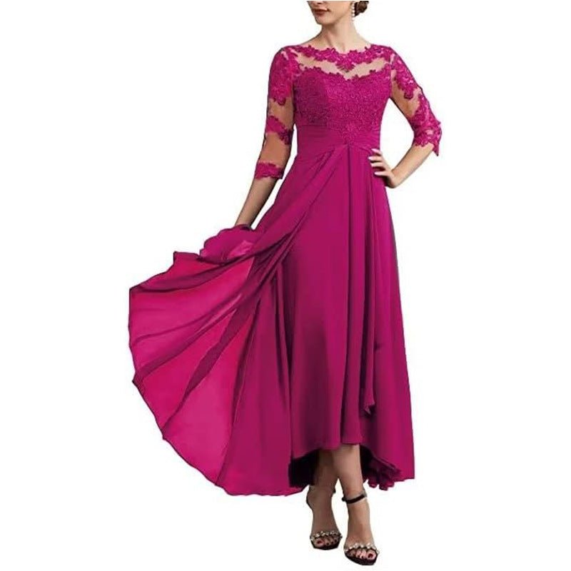 Lace Applique Chiffon Dress Mid-sleeve Mom Dress - IVOIRART.COM