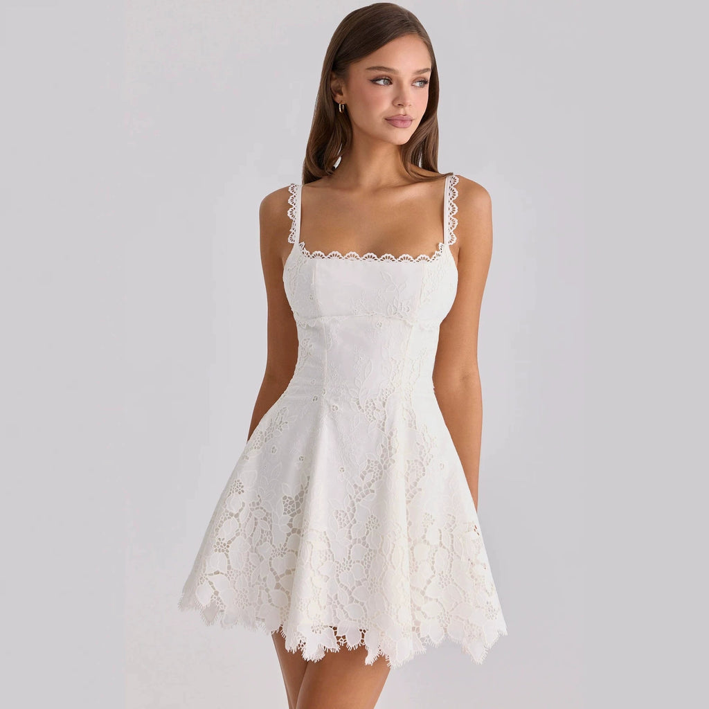 Lace-trimmed Sexy Backless Strap Mini Dress - IVOIRART.COM