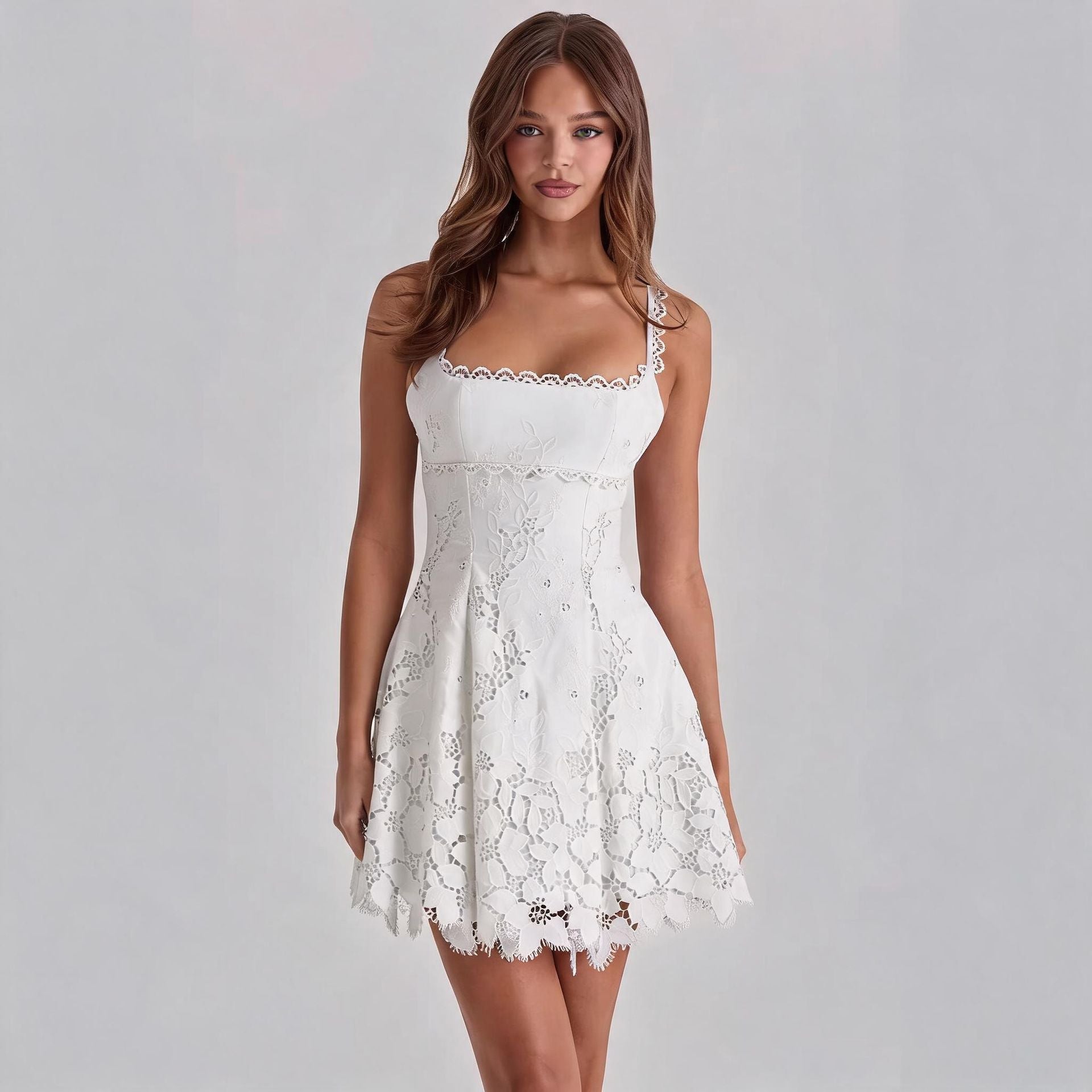 Lace-trimmed Sexy Backless Strap Mini Dress - IVOIRART.COM